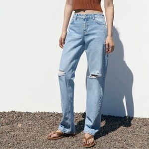 ZARA WIDE LEG FULL LENGTH RIPPED JEANS